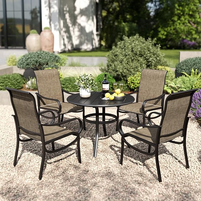 PHI VILLA 5 Piece Round Patio Dining Set, Round Metal Table with Umbrella Holes and 4 High Back Fixed Chairs All Weather Outdoor Table and Chairs Set for Deck Garden Yard