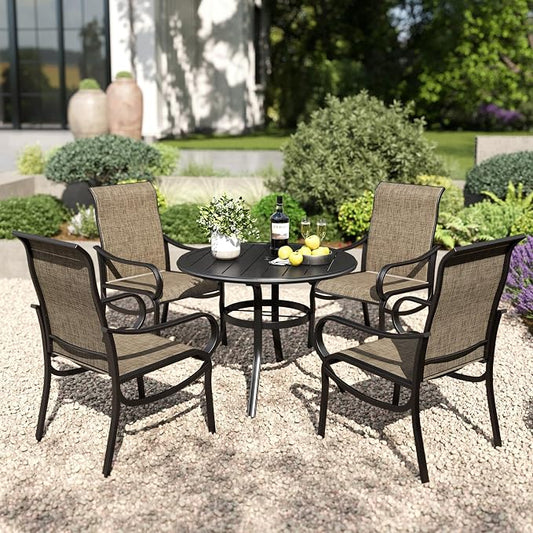 PHI VILLA 5 Piece Round Patio Dining Set, Round Metal Table with Umbrella Holes and 4 High Back Fixed Chairs All Weather Outdoor Table and Chairs Set for Deck Garden Yard