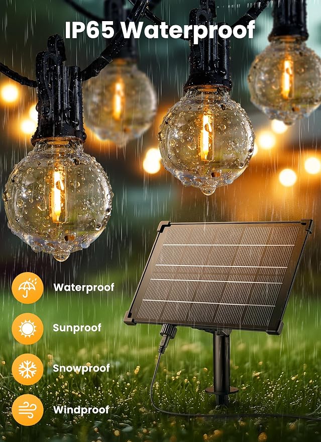 Brightown 208FT 102LED Solar String Lights Outdoor with Remote & USB Port | Shatterproof Bulbs, Dimmable & Timable, 3 Modes, Solar Patio Lights with a Mount Clip for Camping Backyard Garden Decor