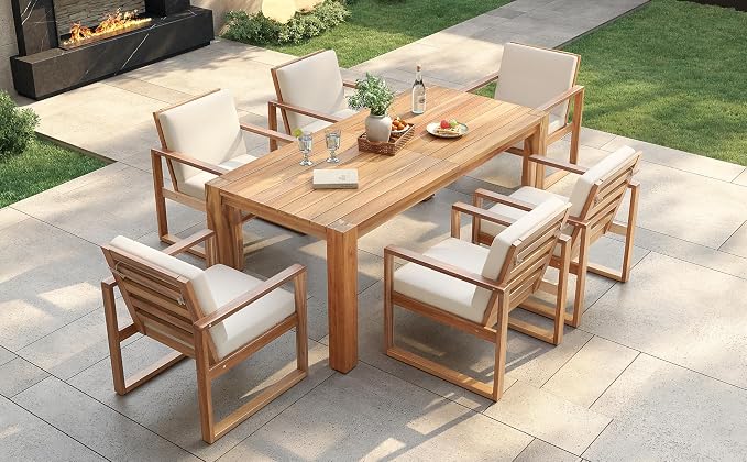 Outdoor Patio Dining Table and Chairs Set for 6, 7 PCS Patio Furniture Set | Outdoor Dining Set for 6 with Umbrella Hole, Wood Frame with Removable Cushion for Garden, Backyard, Lawn and Poolside