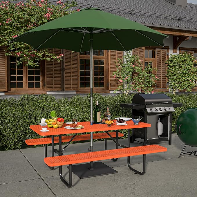 72'' Rectangular Metal Picnic Table with 1.73" Umbrella Hole, Commercial Grade Steel Mesh Table Set, Weather Resistant Sturdy, Round Corner Design for Patio, Garden, Courtyard & BBQ, Orange
