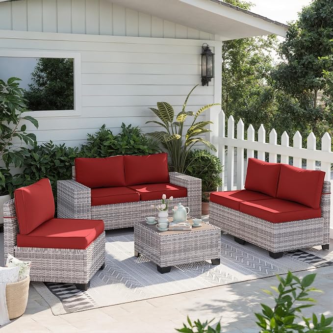 6-Piece Outdoor Patio Furniture Set Wicker Sectional Sofa Set, Patio Conversation Set with Thickened Cushions & Chunky Arms Coffee Table for Garden, Backyard, Poolside, Red
