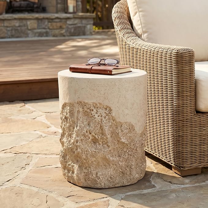 LUMISOL Agnes Outdoor Patio Rugged Coral-Texture Round MGO Side Table, Beige Finish, Organic Neutral Tone Accent for Bohemian & Coastal Homes