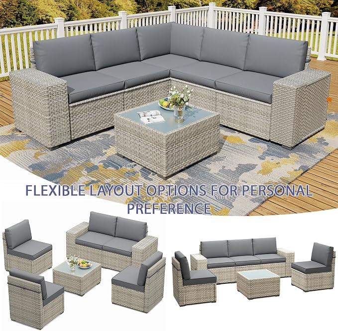 6 Piece Patio Furniture Set, 9.8" Wide Arm Sectional Sofa with Storage Armrests, All-Weather Rattan Outdoor Conversation Set for Garden, Porch, Lawn, Backyard, Balcony, Grey