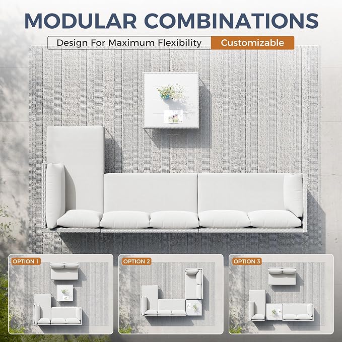 Luxury Patio Furniture Set 6 Seater Large Modular L-Shaped Outdoor Sectional with Thick Cushion & Deep Seat Oversized White Wicker Patio Conversation Sets for Backyard, Deck