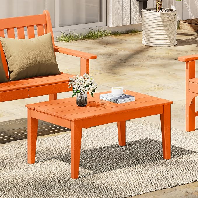 Costaelm Adirondack Outdoor Coffee Table, HDPE Drink Table Weather Resistant, Patio Porch Accent Balcony Table Outdoor End Table for Pool, Seaside, Backyard, Orange