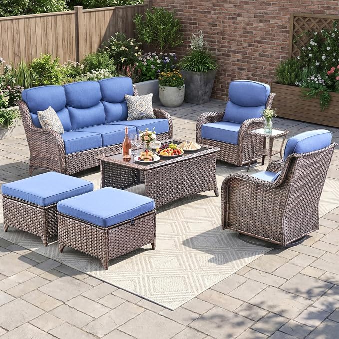 Luxury Patio Furniture Set 7pcs with 6-inch Cushion, Outdoor Furniture with Coffee Table, Swivel Chairs, Sofa, Side Table, Ottomans, Patio Set for Deck Yard and Poolside Brown Wicker | Blue Cushions