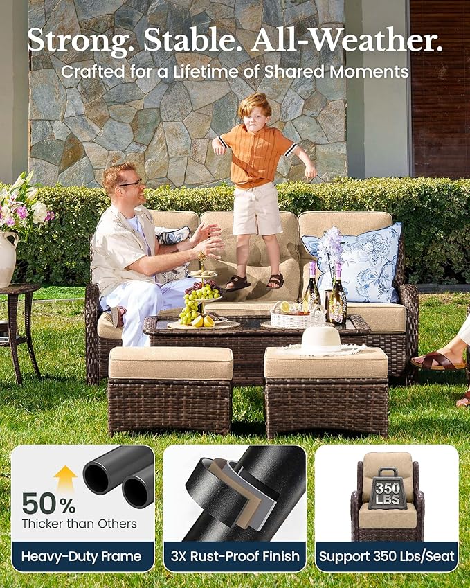 HILLGA 7-Piece Luxury Patio Furniture Set with 6" Thick Cushions, Weather-Resistant Wicker High Back Swivel Rocker Chairs, Senior-Friendly Outdoor Sofa Set for Large Deck, Yard and Poolside, Beige(V2)