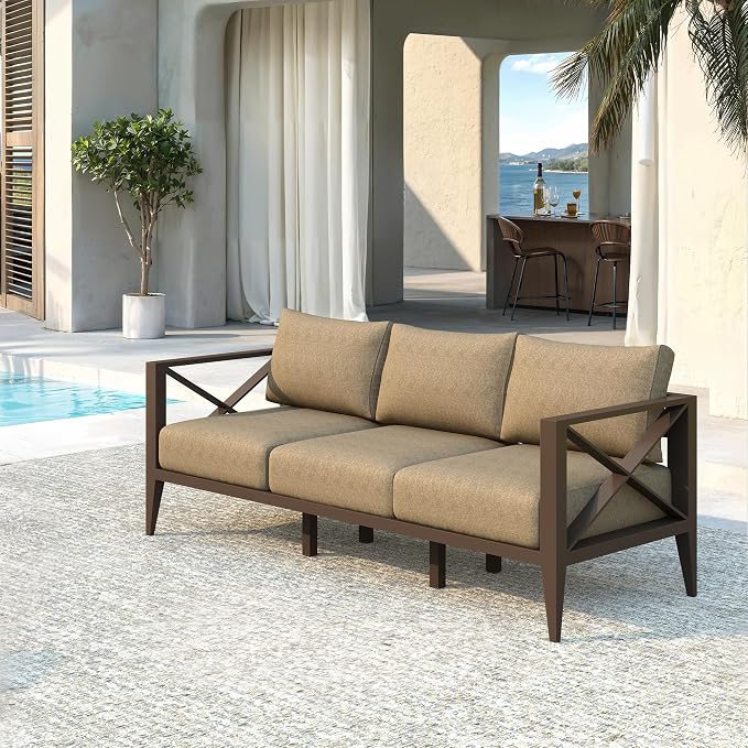 Outdoor Patio Sofa 3 Seat Couch with Cushions, Aluminum Patio Furniture Deep Seating Outdoor Couch for Backyard Deck Garden Conversation Area