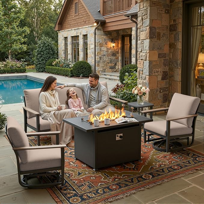 Aluminum Outdoor Patio Furniture Set, 5-Piece Outdoor Sofa with 5.1" Thick Cushions, Swivel Rocking Chairs, 55,000 BTU Propane Fire Pit Table, Outdoor Couch for Backyard, Balcony, Khaki