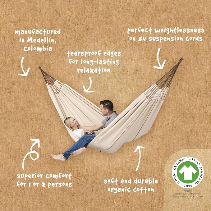 LA SIESTA Modesta Organic Cotton Hammock - Indoor/Outdoor, Bedroom to Backyard, 2 Person, Max 355 Lbs, Nougat