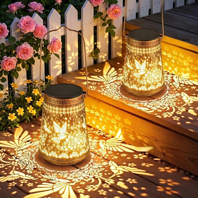 4 Pack Solar Lanterns Outdoor Waterproof, Birthday Gifts for Women Mom | Hollow-Out Metal Hummingbird Lantern, 2 Lighting Modes, Outside Hanging Solar Lights for Christmas Decorations, Garden Decor