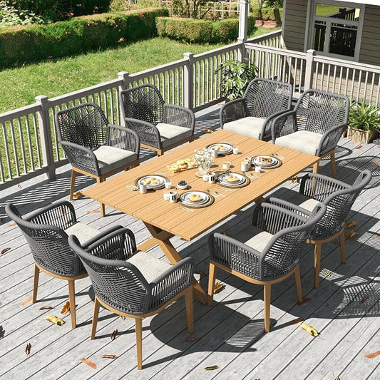 LayinSun Outdoor Dining Set for 8, 9 Pieces Patio Furniture Sets with Aluminum Dining Table and Rope Weave Chairs