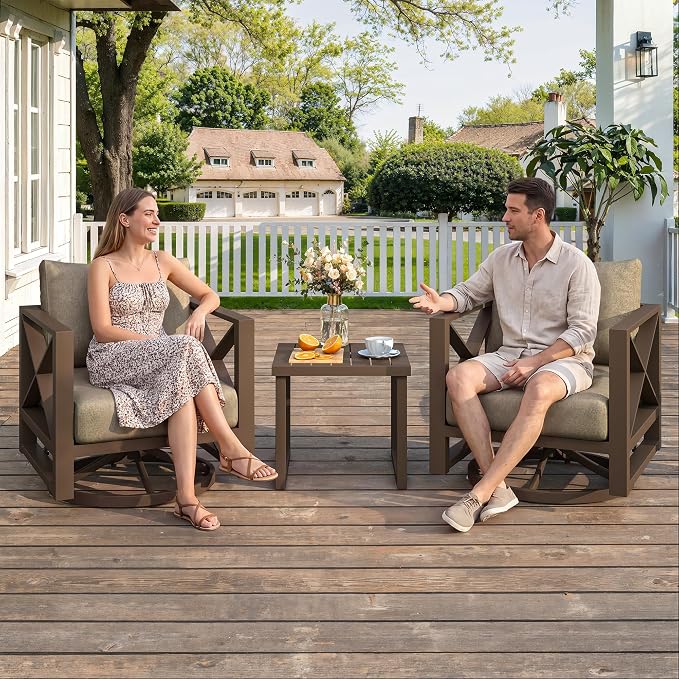 3 Piece Aluminum Rocking Patio Furniture Set, Modern Outdoor Patio Conversation Sets with Ergonomic Swivel Chairs, 6" Thick Washable Cushions and Coffee Table for Balcony, Porch, Backyard,Brown