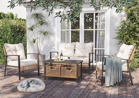 LAUSAINT HOME 6-Piece Patio Conversation Set, Luxury Oversize Patio Furniture Set with Soft Cushions and Storage Metal Coffee Table, Outdoor Furniture Sets for Backyard, Porch (with 2 Wicker Baskets)