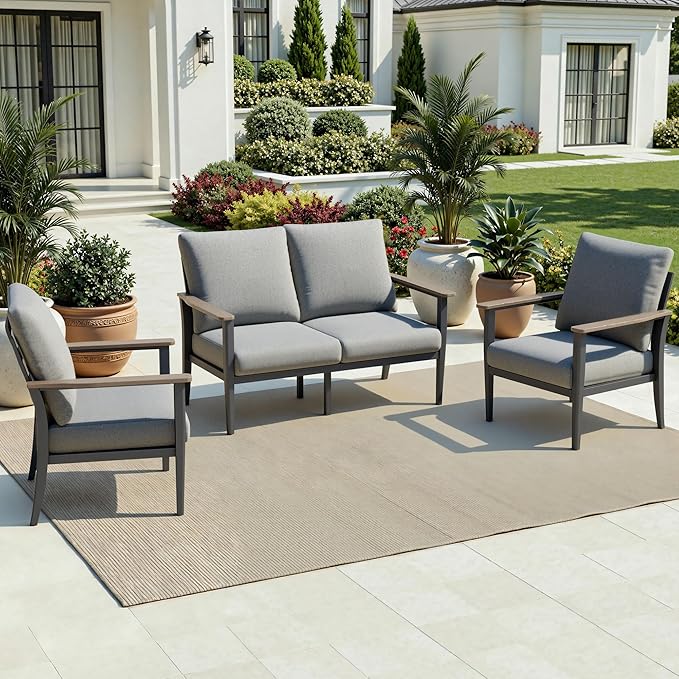 Aluminum Outdoor Patio Furniture Set 4-Seat, Patio Conversation Set Sectional Furniture Set with High Backrest & Thickened Cushions for Garden, Backyard, Poolside, Grey