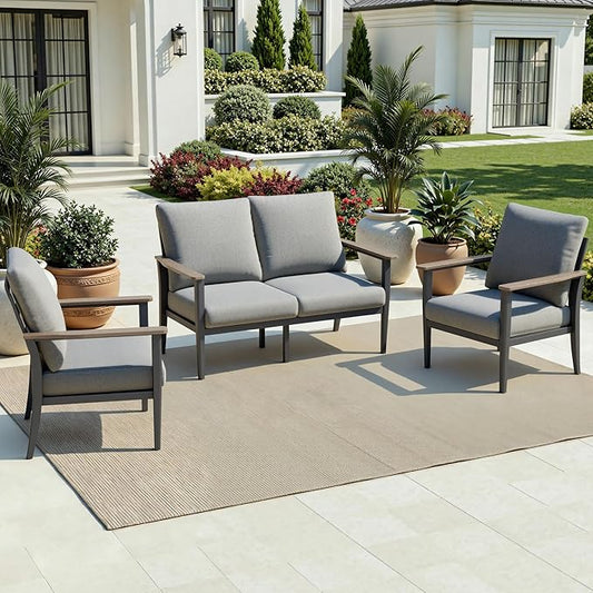 Aluminum Outdoor Patio Furniture Set 4-Seat, Patio Conversation Set Sectional Furniture Set with High Backrest & Thickened Cushions for Garden, Backyard, Poolside, Grey