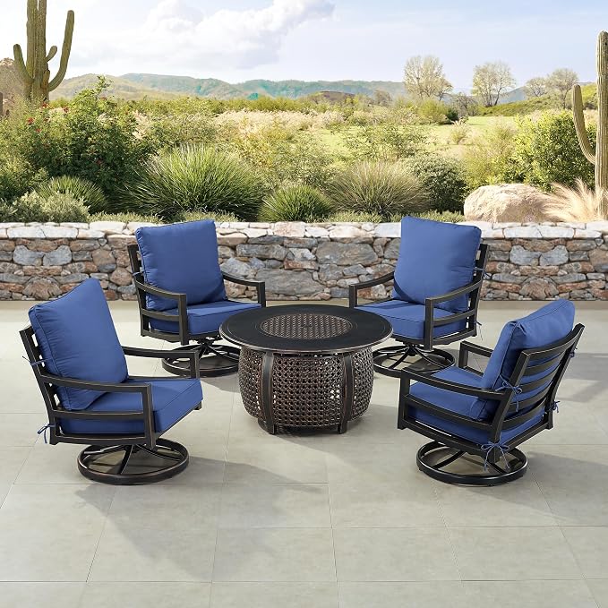 Oakland Living Black Aluminum Patio Fire Table Set with Four Club Chairs with Blue Cushions