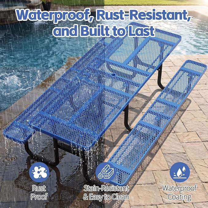96" Rectangular Metal Picnic Table, Commercial Steel Picnic Tables with 1.96" Umbrella Hole, Heavy Duty Picnic Tables for Outdoor Garden Courtyard BBQ, Blue