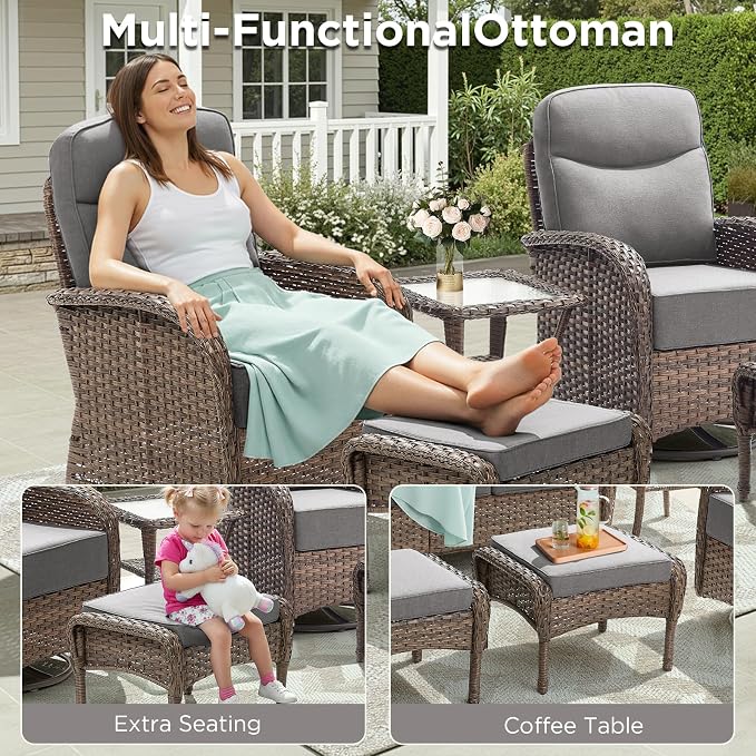 Luxury Outdoor Patio Furniture Set with 6-Inch Thick Cushions, 7 Pieces Wicker Outdoor Furniture with High Back Swivel Patio Chairs Set of 2, Outdoor Conversation Set for Deck Garden Porch, Gray