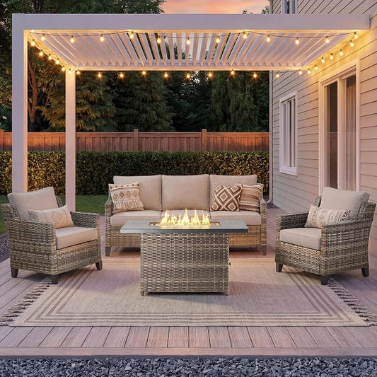 Patio Furniture Set with 42.5" Fire Pit Table-4 Pieces All Weather Wicker Outdoor Furniture with High Back Wicker Patio Chairs Set of 2 Outdoor Couch for Deck Backyard Beige/Gray