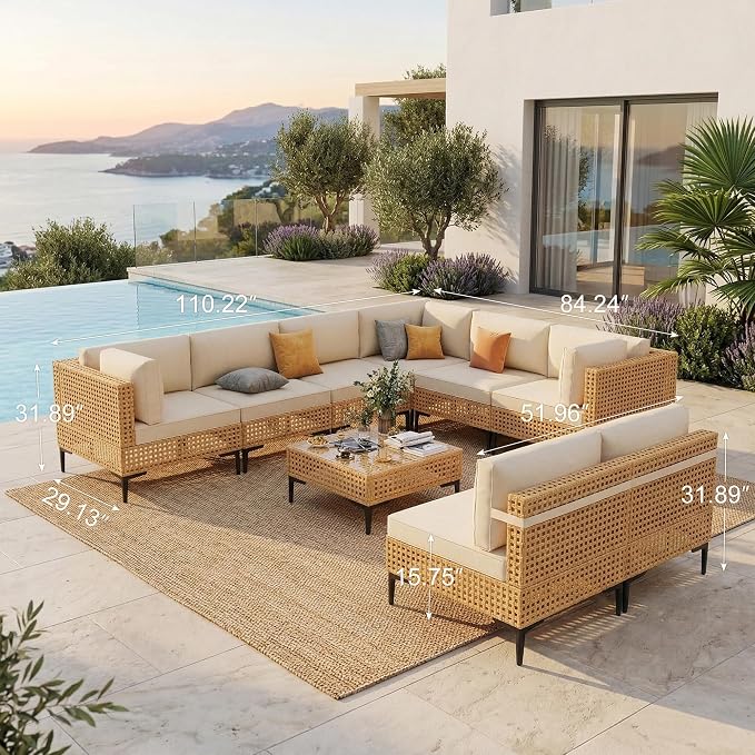 ABCASA 9-Piece Patio Sectional Furniture Set, 110" Wicker Outdoor Patio Furniture Sets with Anti-Slip Cushions & Coffee Table,Boho Patio Conversation Set Sectional for Backyard,Porch,Deck,Beige
