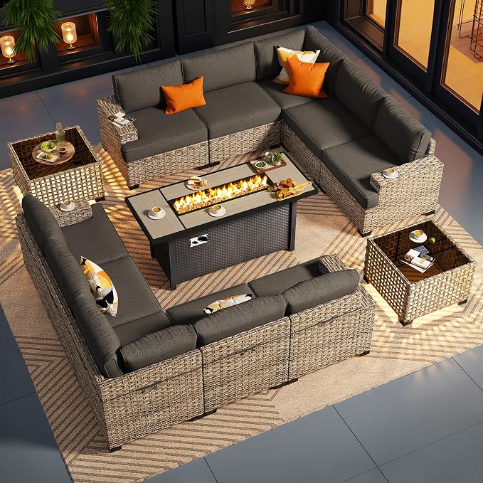 CAODOC Outdoor Sectional Patio Furniture Set with Fire Pit Table,13 Pieces Wicker Conversation Sets L Shaped Couch,Extra Deep Out Door Sofa Outside Furniture, Black
