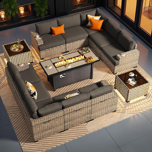 CAODOC Outdoor Sectional Patio Furniture Set with Fire Pit Table,13 Pieces Wicker Conversation Sets L Shaped Couch,Extra Deep Out Door Sofa Outside Furniture, Black