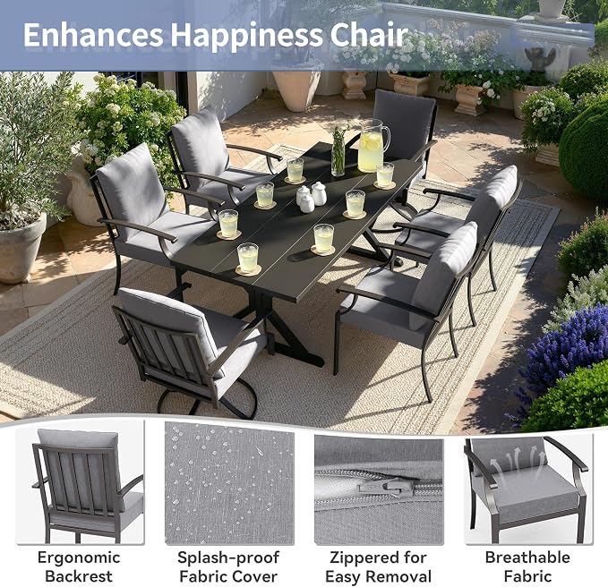 Kullavik 7 Pieces Outdoor Dining Set,Patio Dining Table and Chairs Set for 6,Fence Pattern Back Chairs with Thickened Cushions & X-Frame Metal Dining Table with Umbrella Hole for Patio,Grey