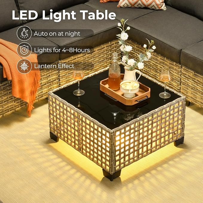 HOOOWOOO Sectional Patio Furniture Set with Fire Pit Table,17 Pieces Wicker Outdoor Furniture L Shaped Couch,Outside Conversation Set Extra Deep Sofa Wide Arm Swivel Chairs Ottoman Solar Light,Black