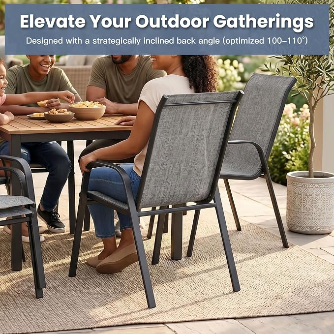 VICLLAX Patio Dining Set for 4, All Weather 5-Piece Patio Set-40.2" Square Outdoor Table and 4 Stackable Chairs for Lawn Garden and Backyard,Grey Wood Grain Tabletop