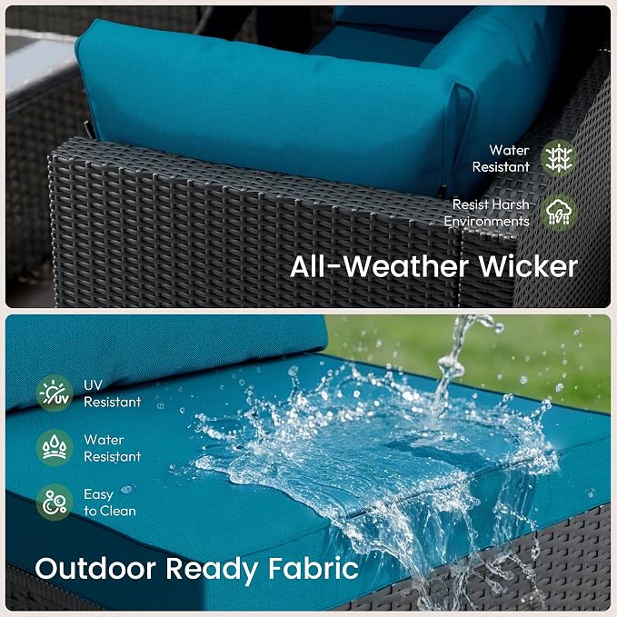 Patio Furniture Set - All-Weather - 7 Piece Patio Outdoor Conversation Set, Modular Wicker Rattan Sectional Sofa for Backyard, Garden, Poolside, Balcony, Porch, Patio,Black/Peacock Blue