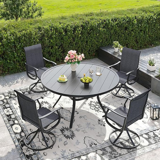 DIFY Outdoor Dining Set for 4, 5 Piece Patio Table and Chairs Set, Swivel Patio Dining Chairs with Dark Grey Textilene & 47.2" Black Round Metal Dining Table with Umbrella Hole, for Garden Backyard