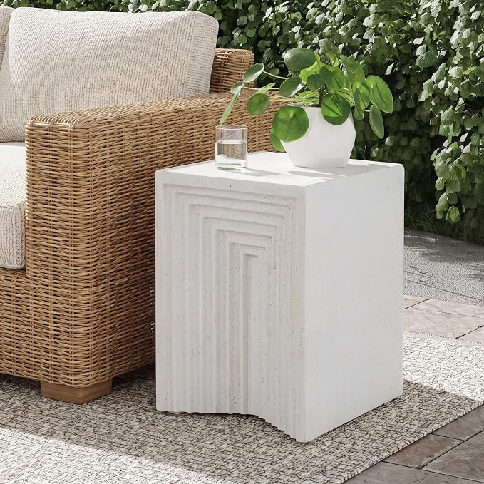 Christopher Knight Home Arcrest Outdoor Geometric Side Table, Lightweight Concrete End Table, Accent Table with Textured Cube Design, Decorative Small Coffee Desk for Living Room Patio Balcony, White