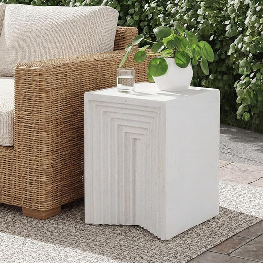 Christopher Knight Home Arcrest Outdoor Geometric Side Table, Lightweight Concrete End Table, Accent Table with Textured Cube Design, Decorative Small Coffee Desk for Living Room Patio Balcony, White