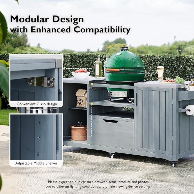 66.5" Large Outdoor Kitchen Island for Big Green Egg Grill, Outdoor Patio Bar Table with Stainless Steel Top and Adjustable Shelf, Rolling Grill Table Cart for Outside, Kitchen, BBQ, Grey Blue