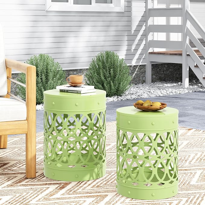 Set of 2 Lime Green Metal Outdoor Side Tables, Round Patio End Tables, Weather Resistant Accent Stools, Geometric Cutout Design, Indoor & Outdoor Decorative Tables for Garden, Balcony, Living Room