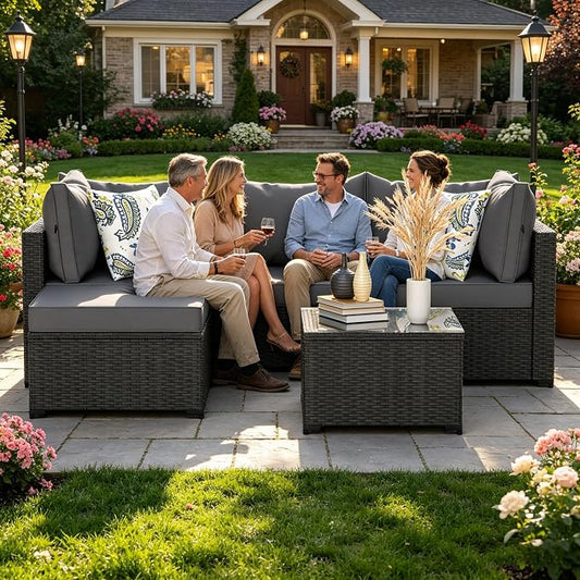 5 Piece Patio Furniture Sets, Outdoor Patio Set Sectional Sofa, All-Weather PE Rattan Couch with Cushion, Glass Table for Gatherings, Parties, Sports Viewing (Gray, 5-Piece Set)