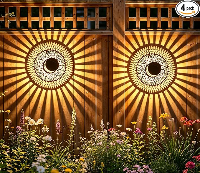 4 Pack Solar Fence Lights Outdoor, Decorative Solar Wall Lights with Mandala Pattern, IP65 Waterproof LED Wall Sconce Lantern for Garden Yard Fence Decor, Patio Pathway, Gift for Women Mom