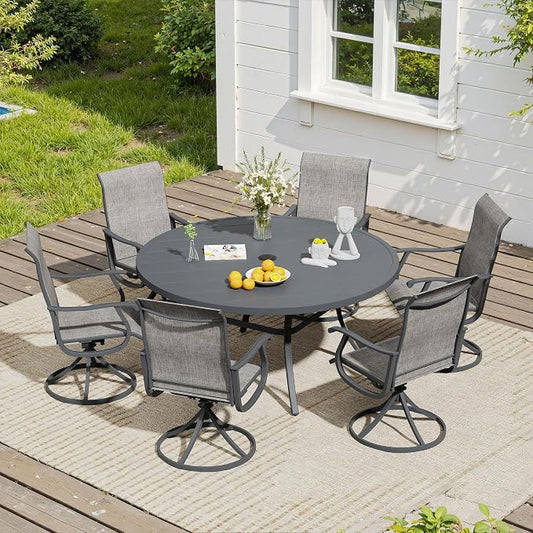 VICLLAX 7 Pieces Outdoor Dining Set, Patio Dining Furniture Set of 6 Patio Swivel Dining Chairs and 50" Patio Round Table, Grey Chairs & Dark Grey Tabletop