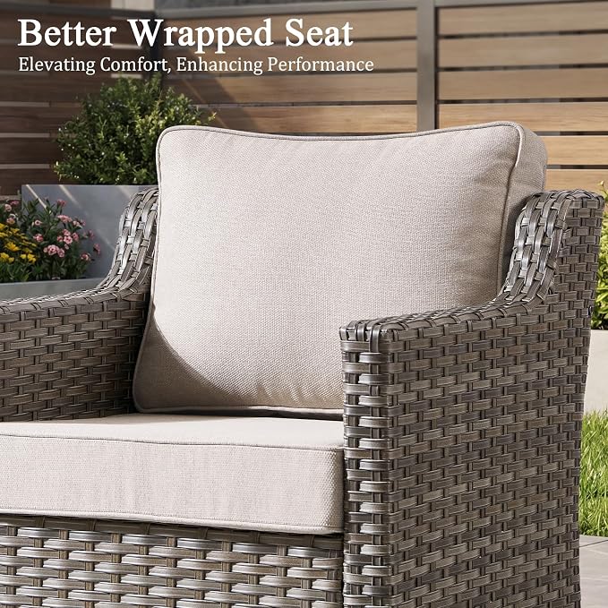 Luxury Patio Furniture sofa Set - 8 Pieces All Weather Wicker Outdoor Couch and High Back Swivel Rocker Patio Chairs with Glass coffee table for Deck Yard and Poolside Gray Wicker | Beige Cushions