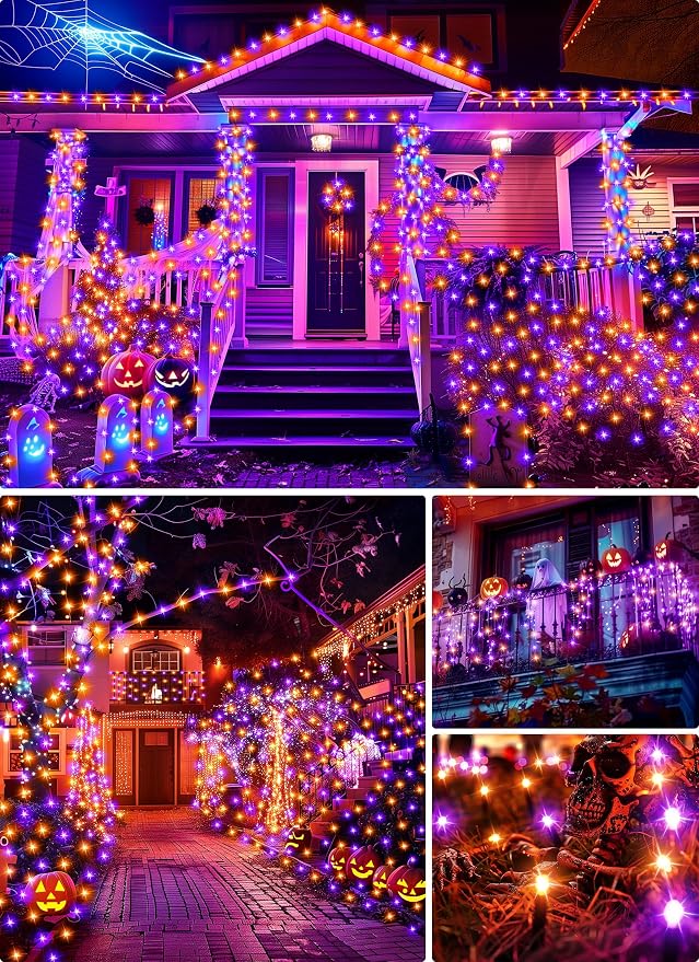 Minetom Halloween Solar Lights Outdoor,4Pack Total 160FT Halloweeen Light | 400 LED String Lights with 8 Lighting Modes,Black Wire Waterproof Solar String Lights for Outside Tree Party, Orange & Purple