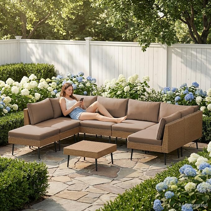 Vikiullf Outdoor Wicker Sectional Sofa Set, L-Shaped Patio Conversation Set with 4" Cushions, Boho Rattan Furniture for Backyard Poolside Deck (Khaki, 8 Pieces)