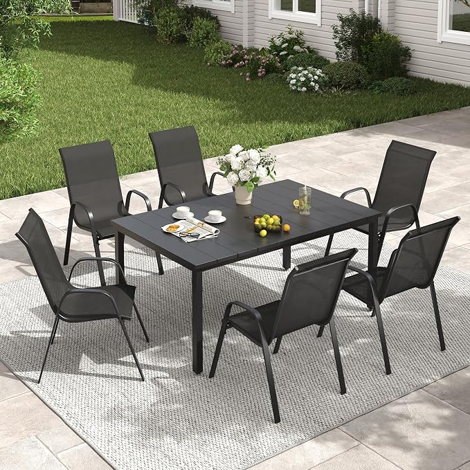 VICLLAX Patio Dining Set for 6, All Weather Metal 7 Pieces Patio Set-63 Rectangle Outdoor Table and Stackable Chairs for Lawn Garden and Backyard, Black Tabletop