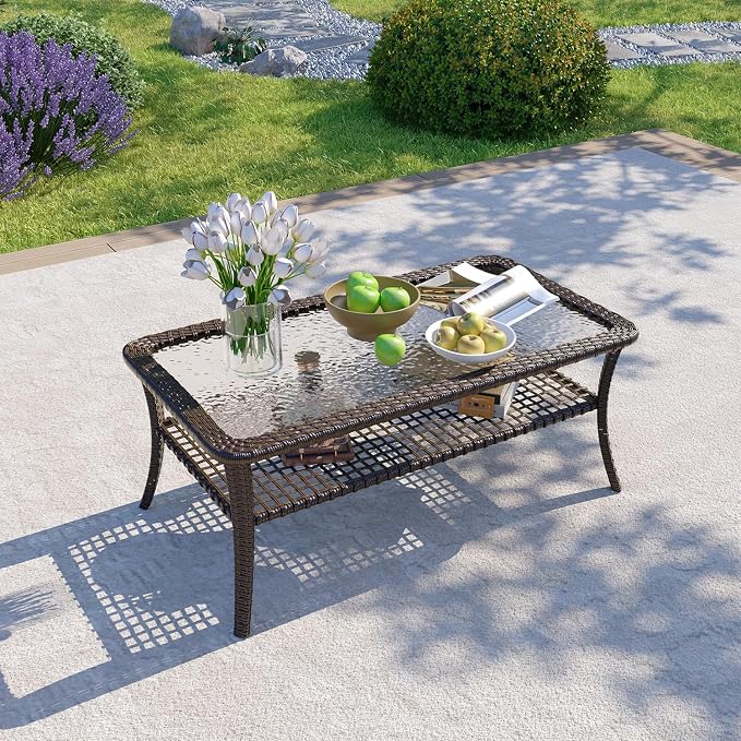 Aoxun Outdoor Coffee Table with Storage Wicker Patio Coffee Table, All-Weather Tempered Glass Top Coffee Table for Patio Furniture Set for Balcony, Garden, Deck, Backyard, Brown