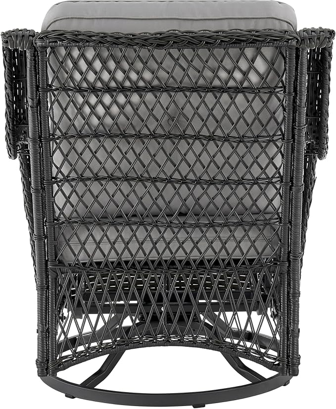 Manhattan Comfort Fruttuo 3-Piece Patio Conversation Set, Swivel Steel Rattan Chairs with Removable Cushions & Tempered Glass End Table, Weather-Resistant Outdoor Furniture for Backyard & Porch, Grey
