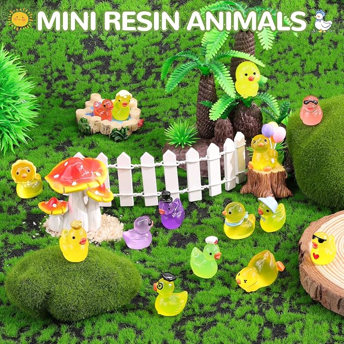 TINKRSTUFF 50PCS Mini Resin Animals Assorted Styles Tiny Ducks Glow in Dark,Miniature Duck Figures to Hide,Little Animal Bulk for Topper Desk Garden Landscape Aquarium DIY Crafts & Decor