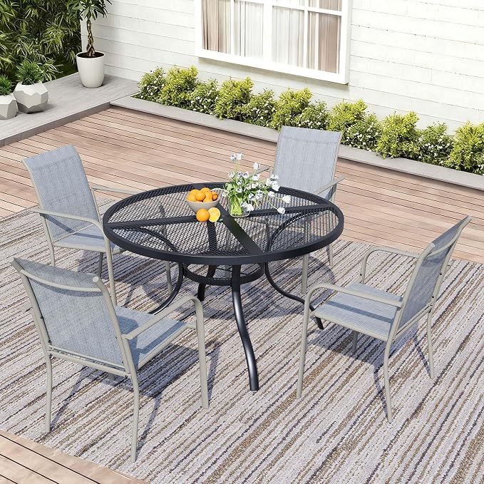 5 Piece Patio Dining Set for 4, 42” Black Round Table with Umbrella Hole and 4 Beige Blue Patio Stackable Chairs, Patio Table and Chairs for Backyard, Lawn, Deck & Garden