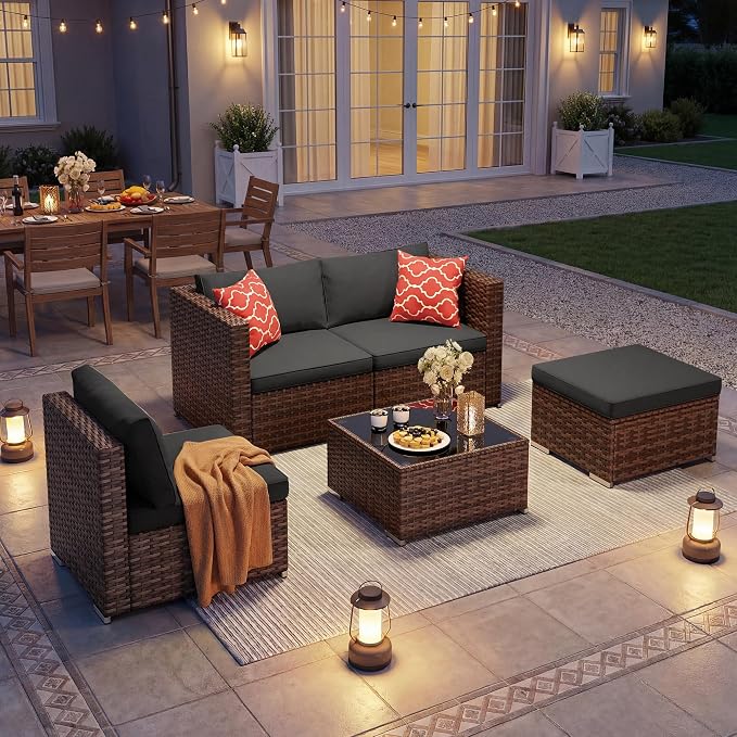 Ahomly 5 Piece Outdoor Patio Furniture Set, PE Wicker Rattan Sectional Sofa with Cushions and Glass Coffee Table, Outdoor Furniture Set for Patio Porch Deck, Black
