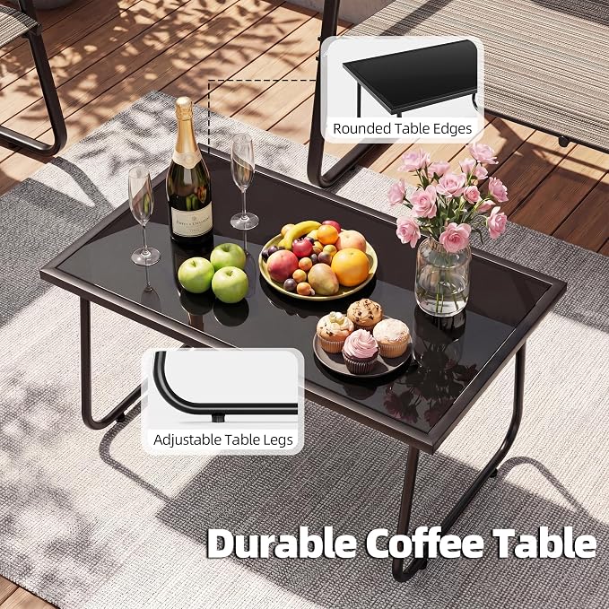 ALAULM 4 Pieces Outdoor Patio Furniture Set, Metal Patio Conversation Set with Easy Assembly Textilene Chairs & Glass Coffee Table for Garden, Backyard, Porch, Poolside-Brown